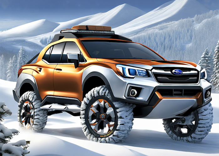 2025 Subaru Baja Wilderness pickup rendering on a snow covered mountain
