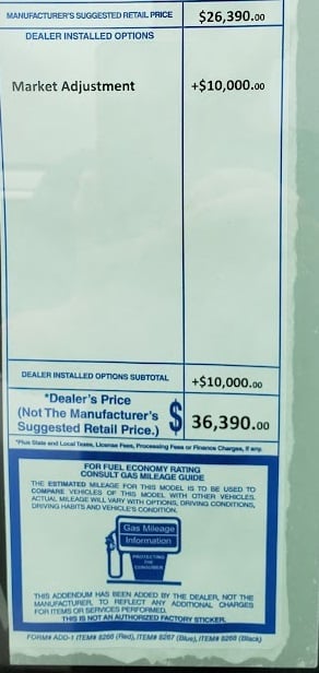 Image of dealer markup price by John Goreham.