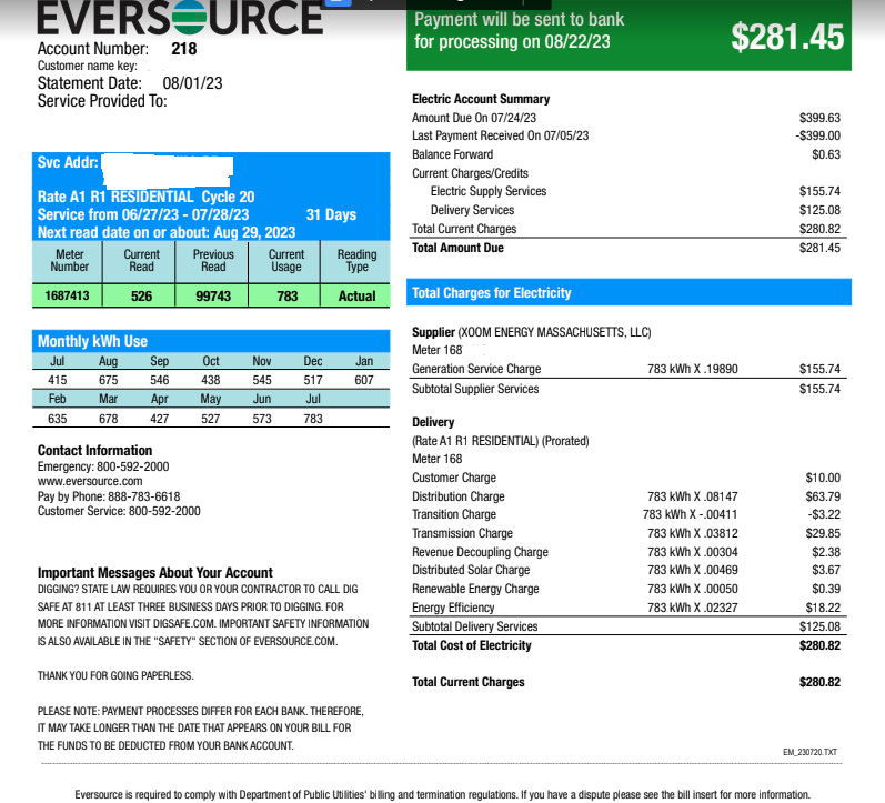 Eversource electric bill