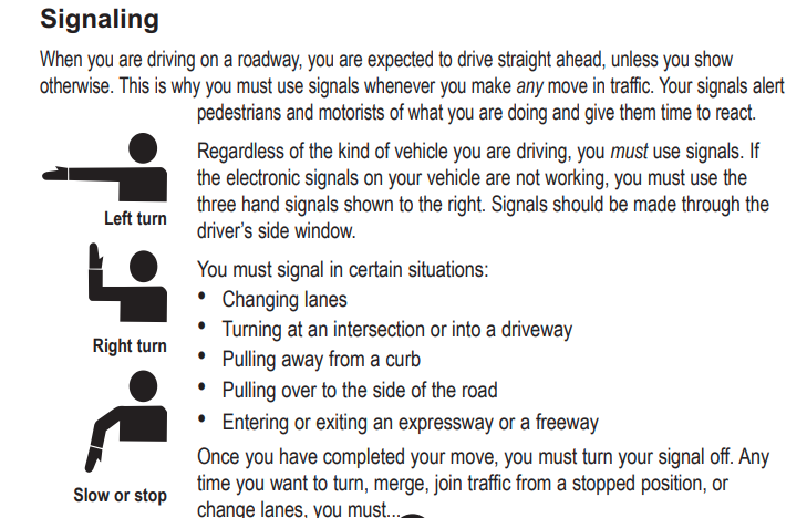 Image of hand signals courtesy of Massachusetts License Test Guide