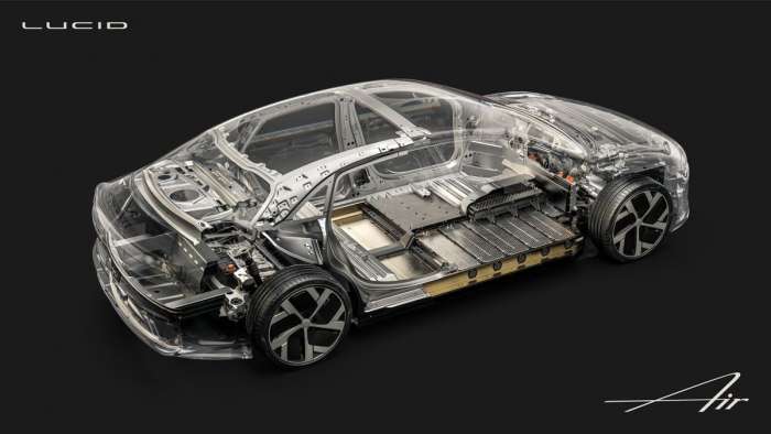 Cutaway image of a Lucid Air showing its chassis and battery.