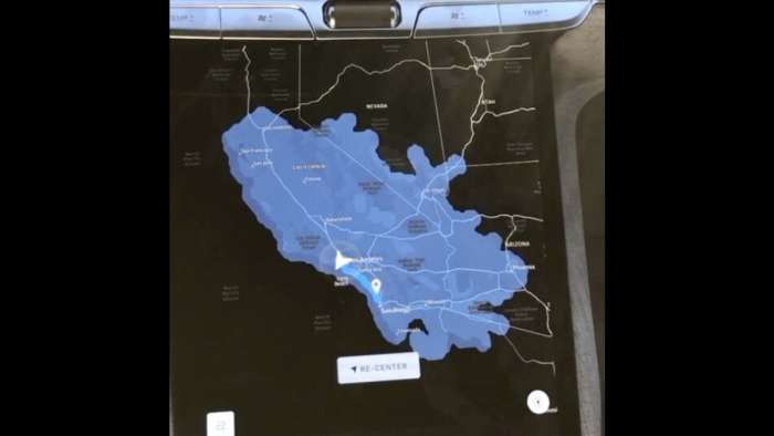 Image showing the built-in range map from the Lucid Air, showing the driver how far they can travel before needing to recharge.