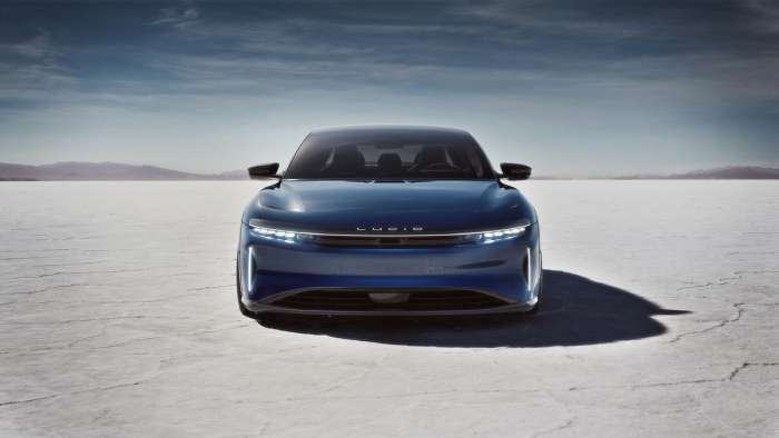 Front view of the Lucid Air Sapphire wearing its model-specific blue paint.
