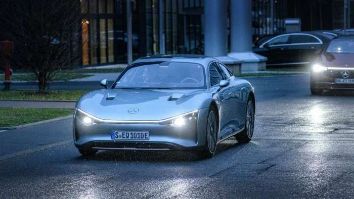 Image of the Mercedes Vision EQXX driving on public roads during one of its test drives.