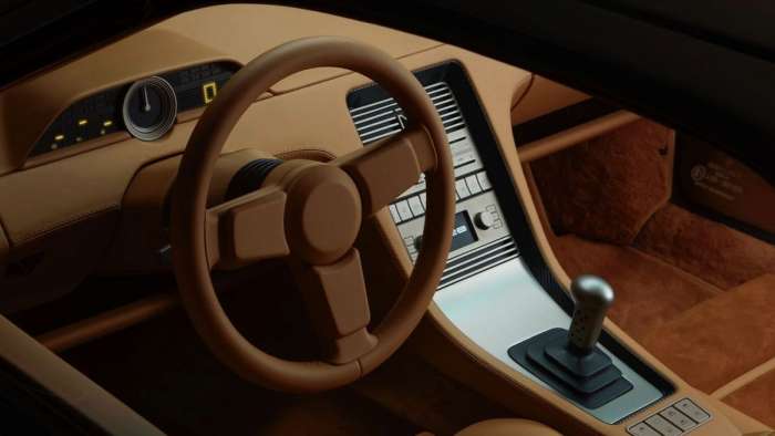 Image showing the simple retro-future interior of the Nardone 928 with lots of brown leather and alcantara.