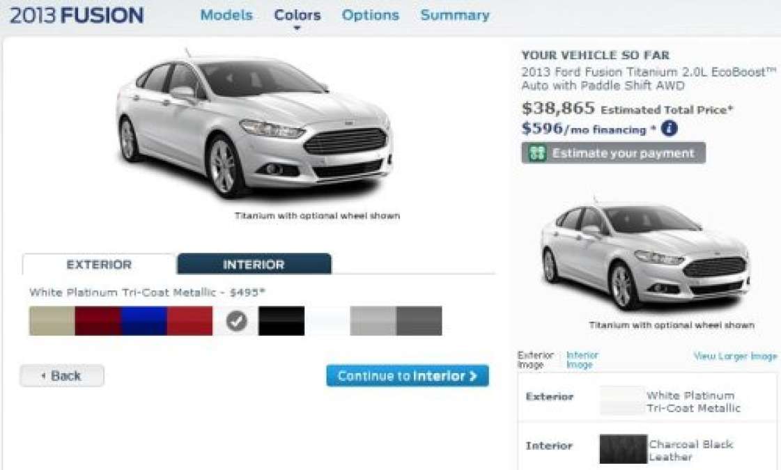 A screenshot of the 2013 Ford Fusion config site with pricing