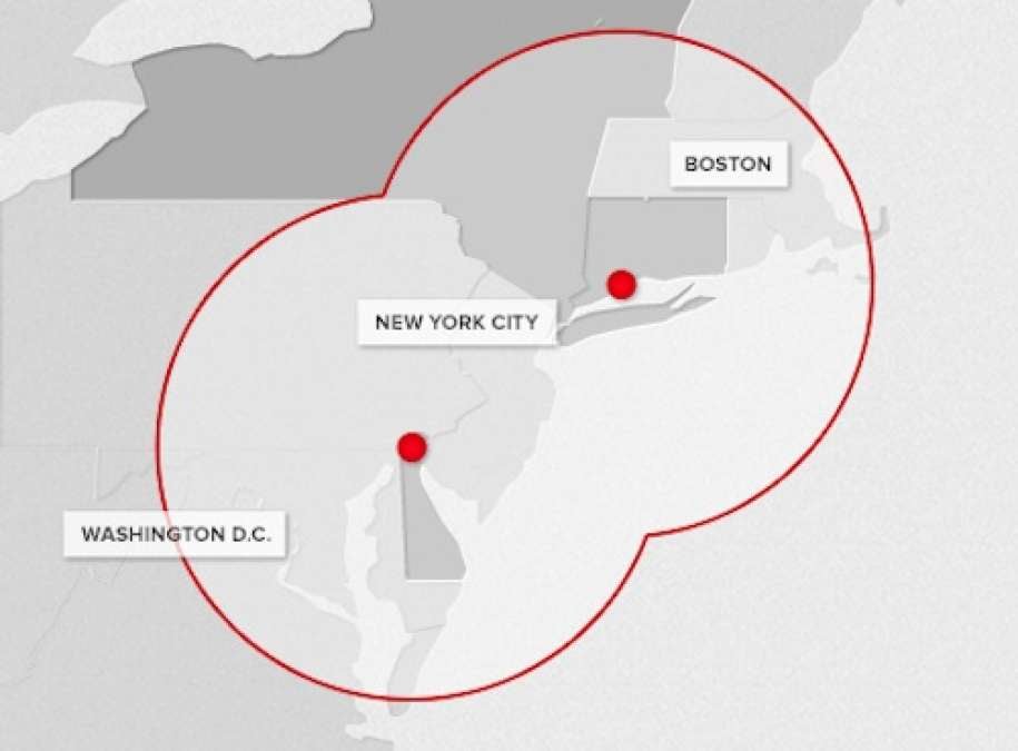 Tesla Supercharger network, east coast, 2012