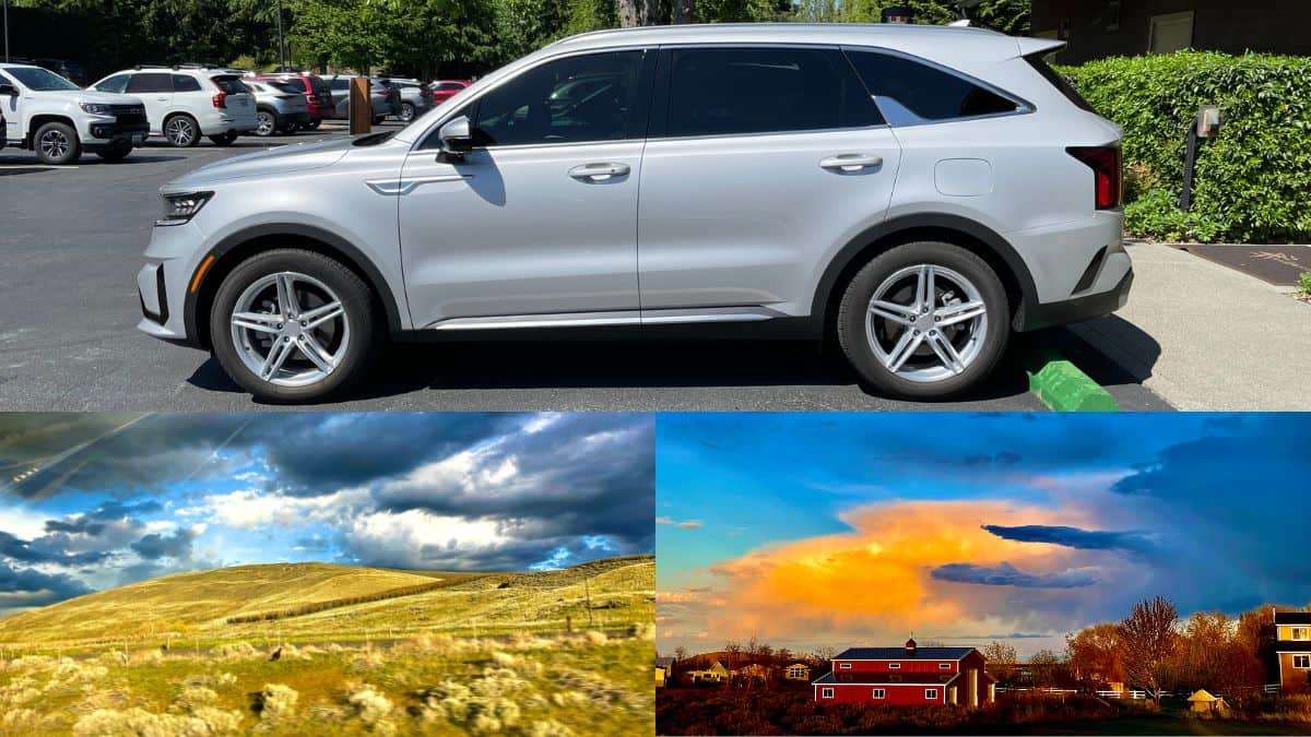 Silver Kia Sorento PHEV and landscape images from the Red Mountain AVA