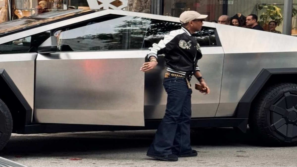 Pharrell Williams, Creative Director for Louis Vuitton Pulls Up To Store in Cybertruck