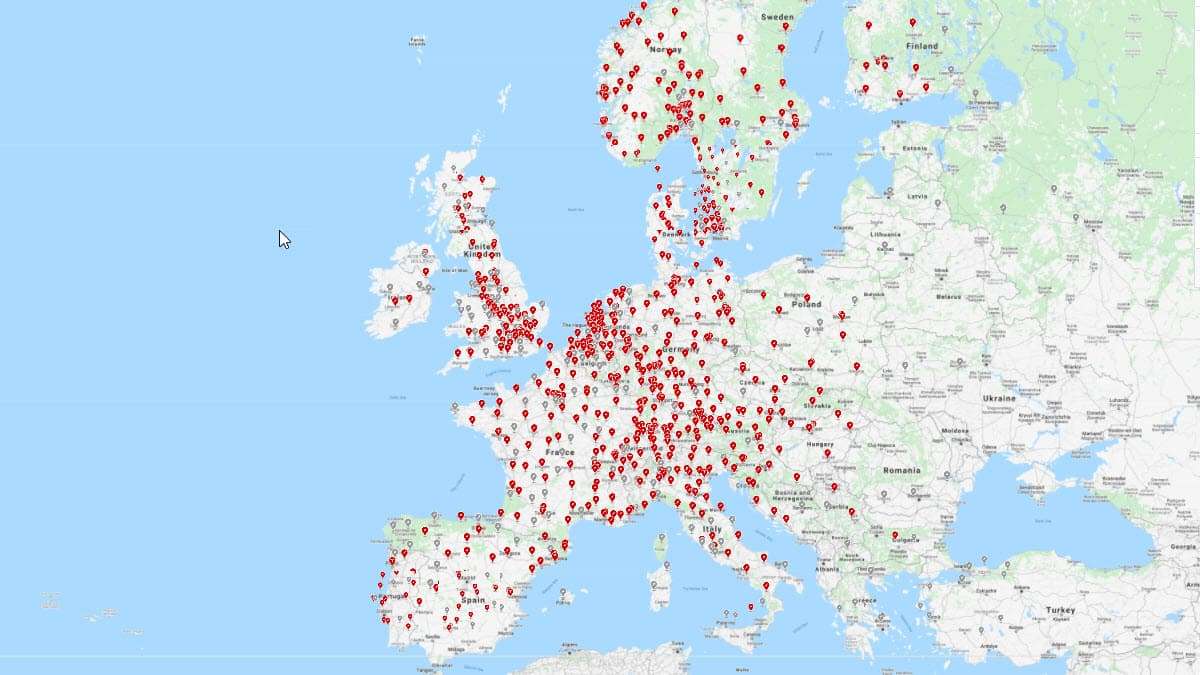 Map of existing and coming soon Tesla Superchargers in Europe