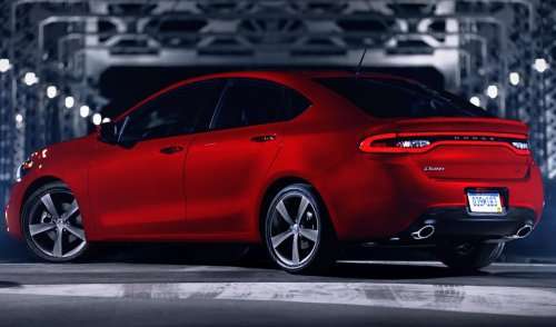 A rear-side view of the new 2013 Dodge Dart R/T