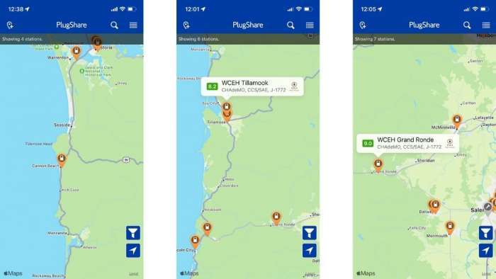 3 PlugShare CCS charging maps on northwest Oregon coast