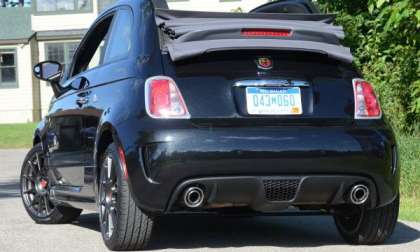 The rear end of the 2013 Fiat 500C Abarth with the top down