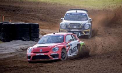 The Volkswagen Andretti team take a turn on their way to a one-two GRC race victory in Memphis.