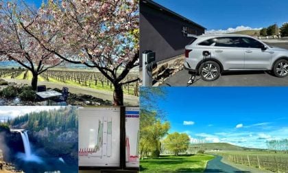 Cherry blossoms at Hightower Vineyards, silver Kia Sorento PHEV charging, Snoqualmie Falls, a solar PV output display, and Red Mountain with vineyards below