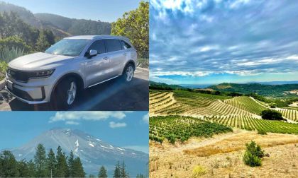 Silver Kia Sorento PHEV, vineyards, and Mount Shasta