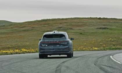 Rear view of the 2024 Lucid Gravity SUV as it undergoes public road testing as part of the next stage of its development.