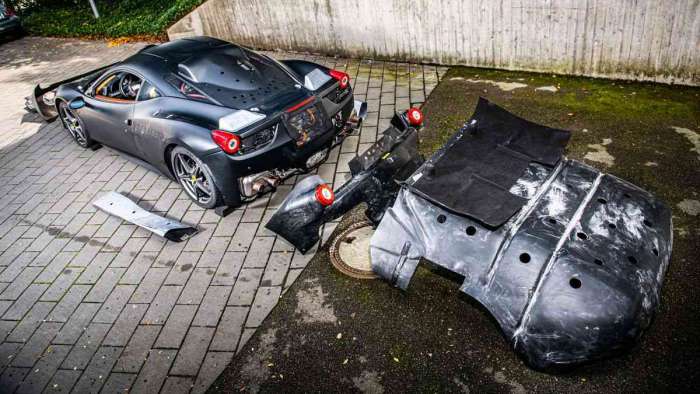 Rear view of the LaFerrari prototype with its extra bodywork on the floor behind it.