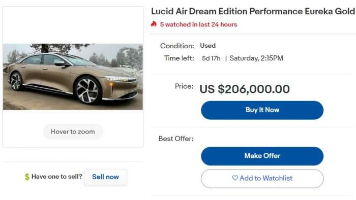 Image showing a Lucid Air for sale at eBay Motors for $206,000.