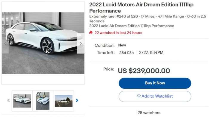 Screenshot of the Lucid Air Dream Edition with Stellar White paint for sale at eBay Motors with a $239,000 asking price.