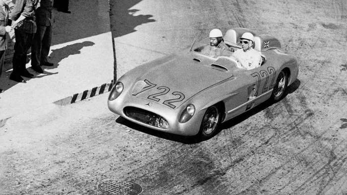 Image showing Sterling Moss at the wheel of the number 722 Mercedes 300SLR during the 1955 Mille Miglia.