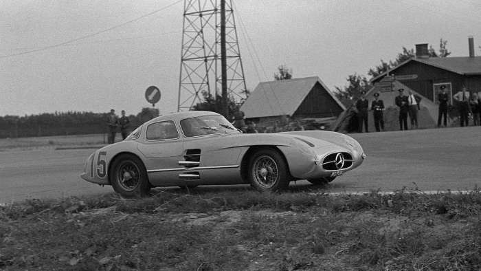A 300SLR Uhlenhaut Coupe is pictured competing in the Swedish Grand Prix
