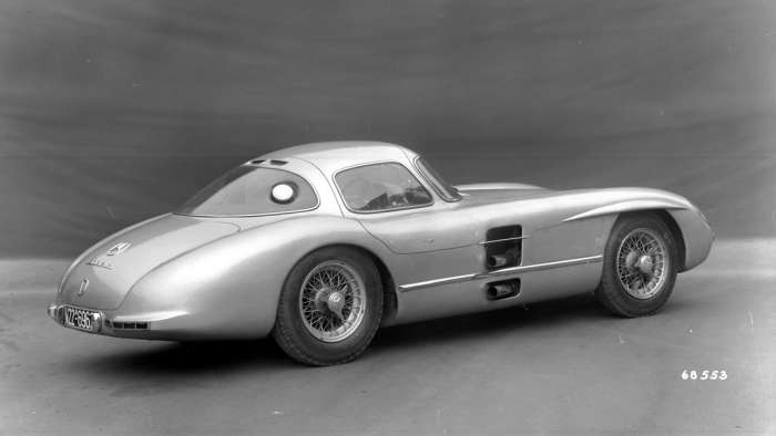 Rear view of the 300SLR Uhlenhaut Coupe showing its exhausts exiting through the fender.