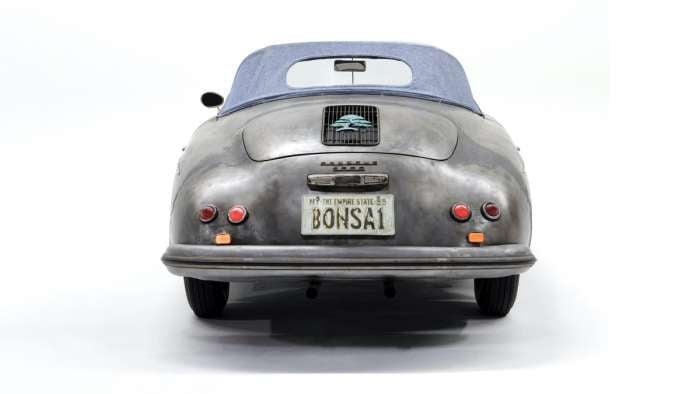 Rear view of the Porsche 356 Bonsai art car with its Japanese denim roof up.