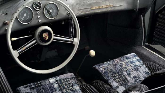 Image showing the steering wheel and patchwork seats of the Porsche 356 Bonsai art car.