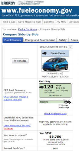 Chevy Bolt fuel economy image courtesy of EPA