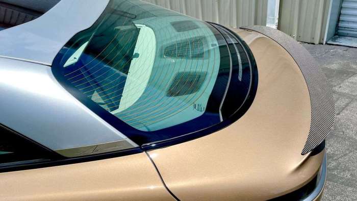 Image showing a close-up view of the extended rear spoiler made by B Pro Wholesale for the Lucid Air.