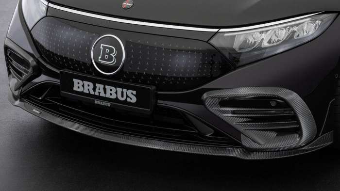 Close up view of the front fascia on the Brabus EQS showing new carbon vents and splitter.