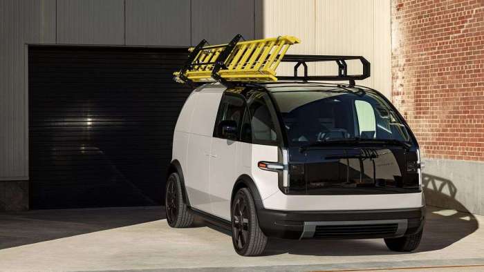 Image showing a Canoo LV set up for work with a ladder strapped to the roof rack.