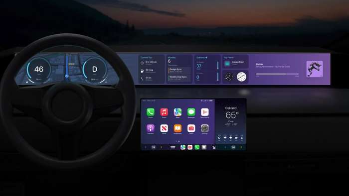 Image showing Apple CarPlay controlling the instrument cluster and infotainment screen on a demonstration dashboard.