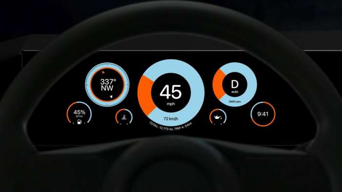 Image showing a more abstract design for the CarPlay instrument cluster with the dials using Gulf Racing colors.