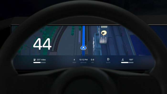 Image showing a version of the CarPlay instrument cluster with a focus on speed and navigation.