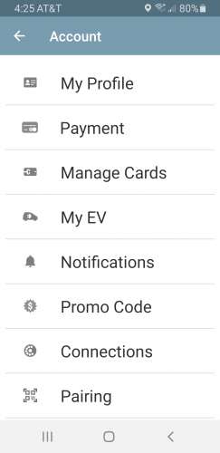 Image of ChargePoint app menu by John Goreham