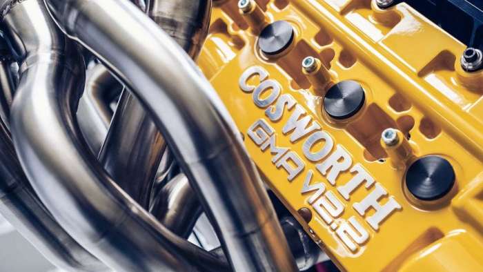 Close up image showing the yellow painted valve covers on the GMA T.33's Cosworth V12