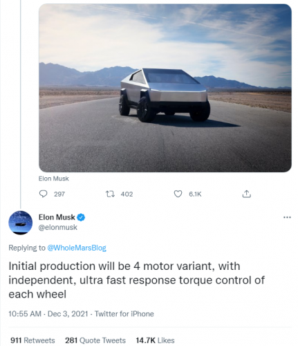 Screen shot related to Tesla Cybertruck courtesy of Twitter