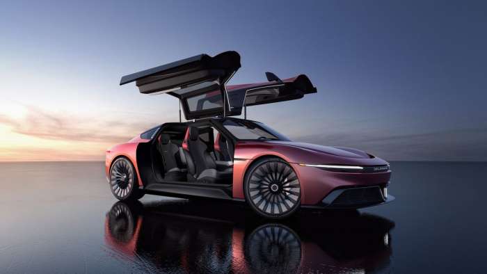 Image of the upcoming DMC Alpha5 showing its gullwing doors open and seating for four.