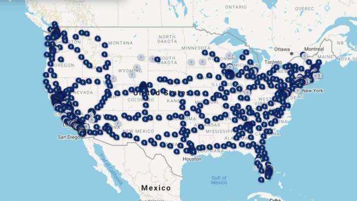 Image showing a map of the US with all the locations of Electrify America's charging stations.