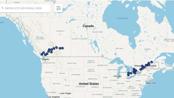 Image showing a map with the locations of Electrify Canada public chargers across Canada.