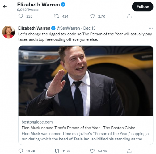 Senator Warren Tweet screenshot courtesy of Twitter