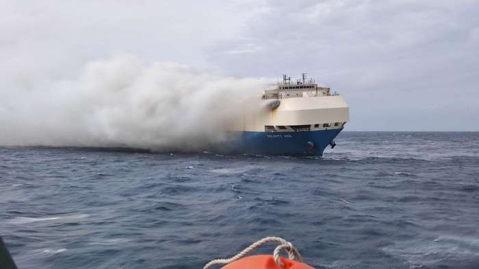 Image showing smoke billowing from the side of the Felicity Ace as it drifts off the Portuguese Azores Islands
