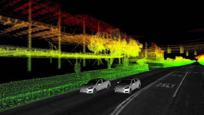 Digital rendering of autonomous Ford Fusion test vehicles as shown by onboard computer, CREDIT: Ford