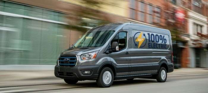 Image of E-Transit van with &quot;100% Electric&quot; logo courtesy of Ford