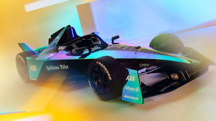 Front illustration of the Gen 3 Formula E car showing its more angular bodywork than the previous version.