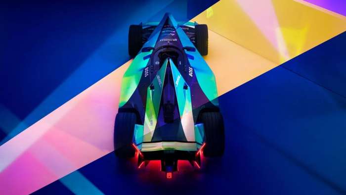 Ariel rear view of the arrow-shaped Gen 3 Formula E car.