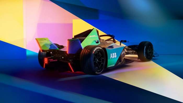 Rear right view of the new Formula E car showing its X-shaped rear wing.