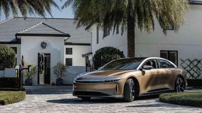 A gold Lucid Air is pictured basking under palm trees and sunshine.